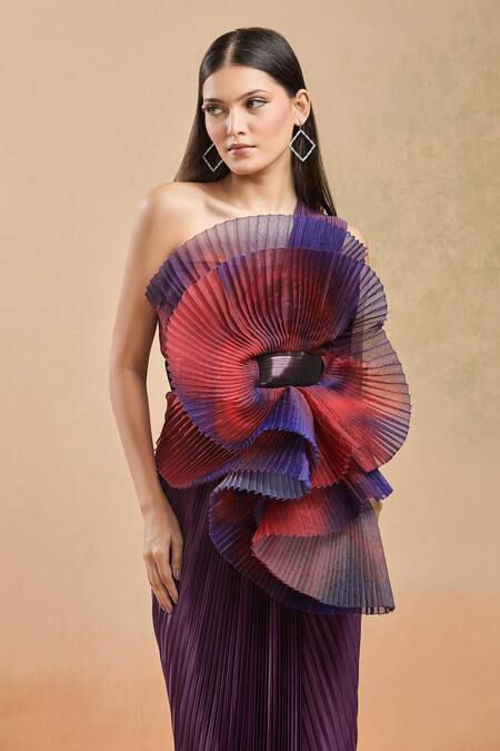 Amit Aggarwal Purple Round Neck Floral Structured Draped Gown at Aza Fashions Amit Aggarwal_Purple Round Neck Floral Structured Draped Gown _at_Aza_Fashions