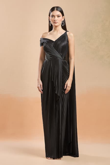 Amit Aggarwal_Black Embellished Cutdana Asymmetric Gown _Online_at_Aza_Fashions