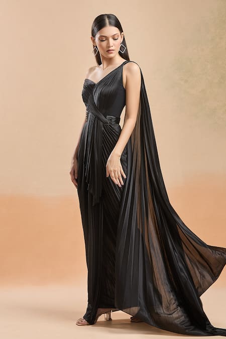 Amit Aggarwal_Black Embellished Cutdana Asymmetric Gown _at_Aza_Fashions
