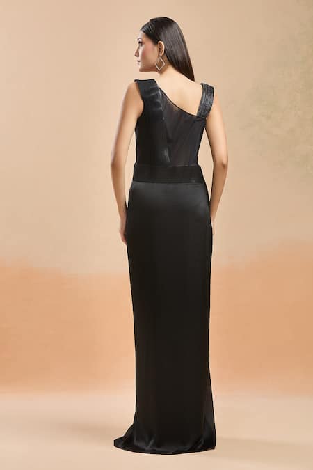 Amit Aggarwal Black Embellished Shimmer Asymmetric Draped Gown  2