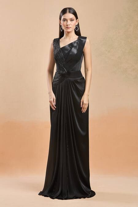 Amit Aggarwal Black Embellished Shimmer Asymmetric Draped Gown  3