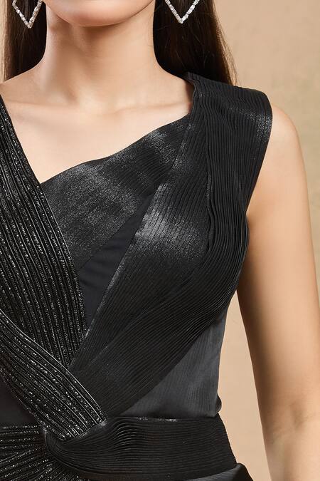 Amit Aggarwal Black Embellished Shimmer Asymmetric Draped Gown  4