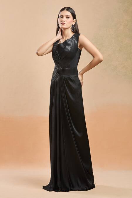 Amit Aggarwal Black Embellished Shimmer Asymmetric Draped Gown  5