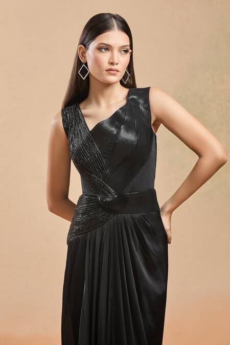 Amit Aggarwal Black Embellished Shimmer Asymmetric Draped Gown  7