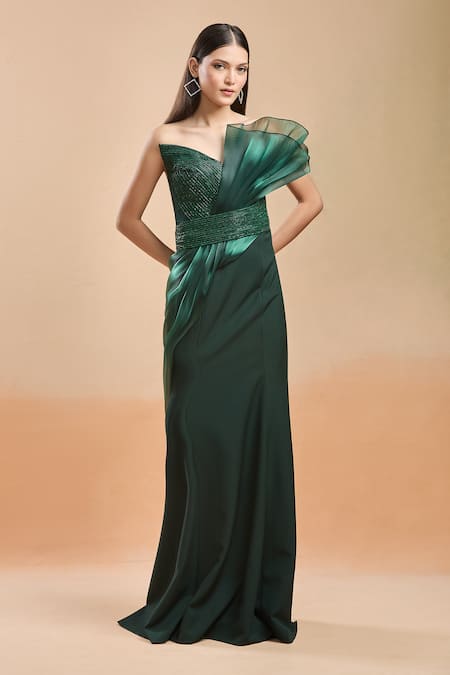 Amit Aggarwal Emerald Green Embellished Shimmer Plunged V Structured Gown 