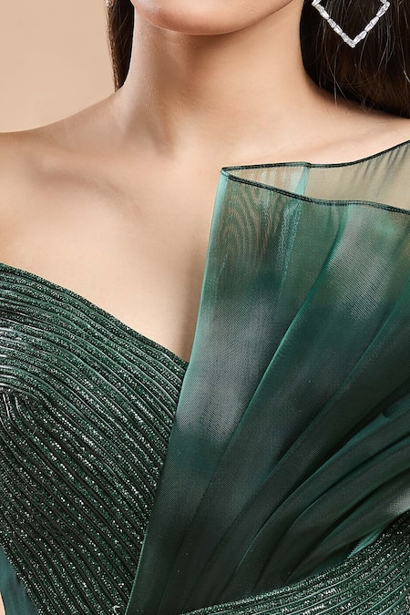 Amit Aggarwal_Emerald Green V-neck Structured Shimmer Embellished Gown _Online_at_Aza_Fashions
