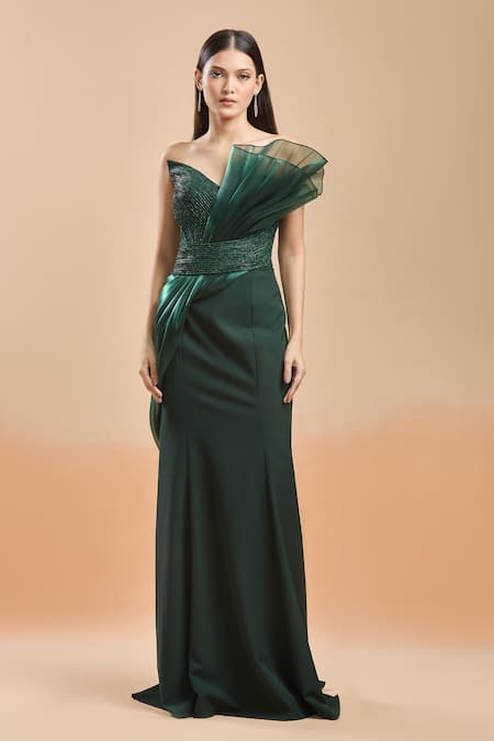Buy_Amit Aggarwal_Emerald Green V-neck Structured Shimmer Embellished Gown _Online_at_Aza_Fashions