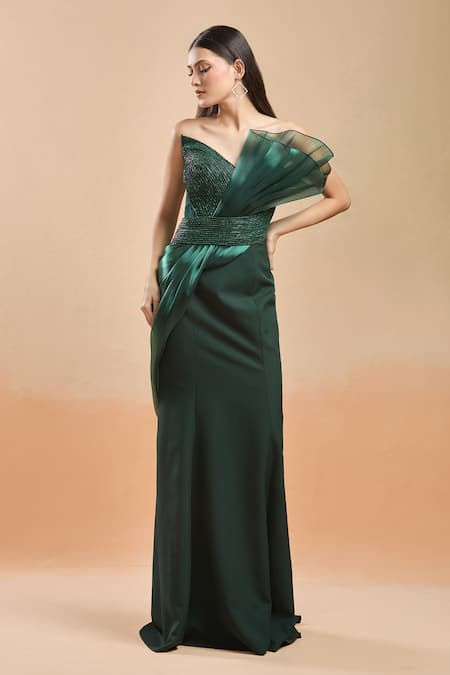 Shop_Amit Aggarwal_Emerald Green V-neck Structured Shimmer Embellished Gown _Online_at_Aza_Fashions