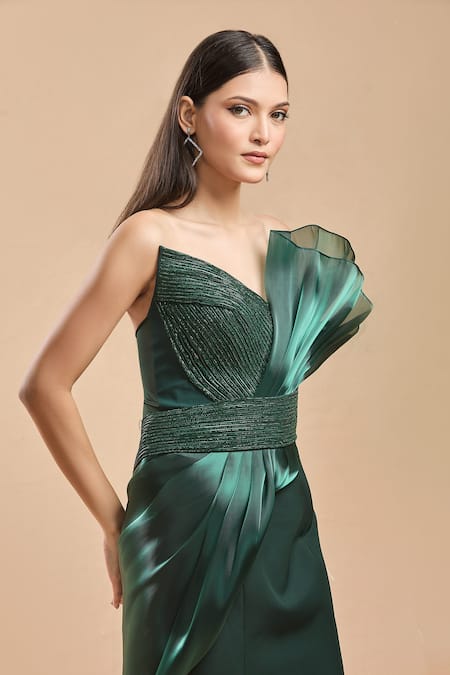 Amit Aggarwal_Emerald Green V-neck Structured Shimmer Embellished Gown _at_Aza_Fashions