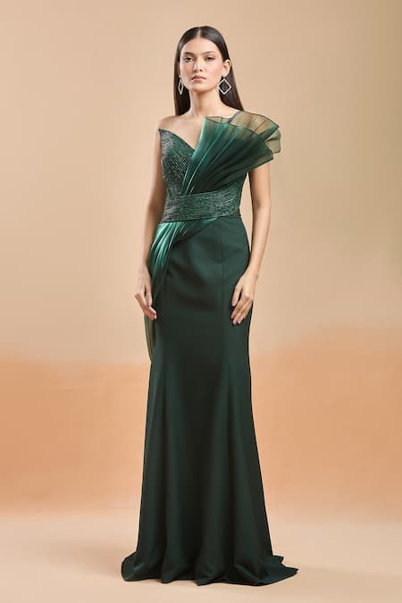 Buy_Amit Aggarwal_Emerald Green V-neck Structured Shimmer Embellished Gown 