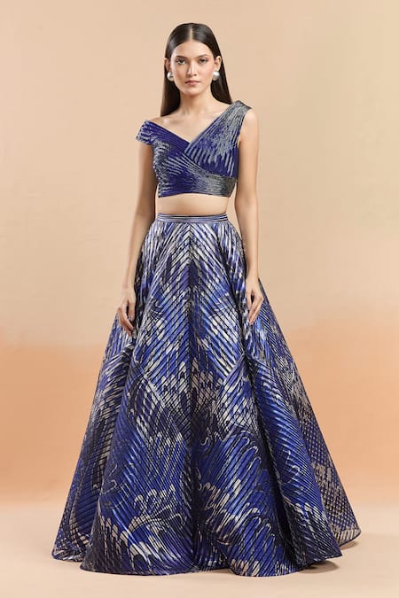 Amit Aggarwal_Blue Polyester Cut Work V-neck Metallic Polymer Embellished Lehenga Set _Online_at_Aza_Fashions