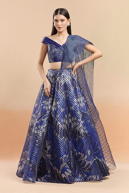Shop_Amit Aggarwal_Blue Polyester Cut Work V-neck Metallic Polymer Embellished Lehenga Set _Online_at_Aza_Fashions