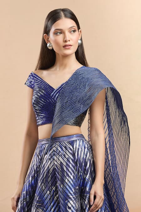 Amit Aggarwal_Blue Polyester Cut Work V-neck Metallic Polymer Embellished Lehenga Set _at_Aza_Fashions