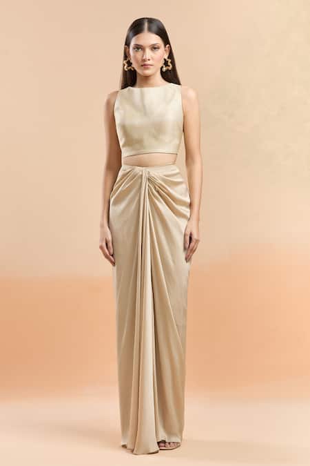 Amit Aggarwal_Beige Silk Boat Neck Embellished Draped Saree Set _Online_at_Aza_Fashions