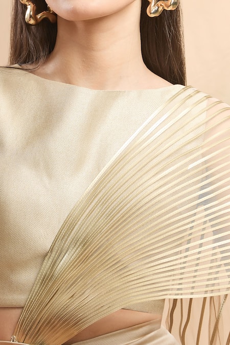 Buy_Amit Aggarwal_Beige Silk Boat Neck Embellished Draped Saree Set _Online_at_Aza_Fashions