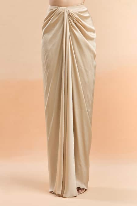 Buy_Amit Aggarwal_Beige Silk Boat Neck Embellished Draped Saree Set 