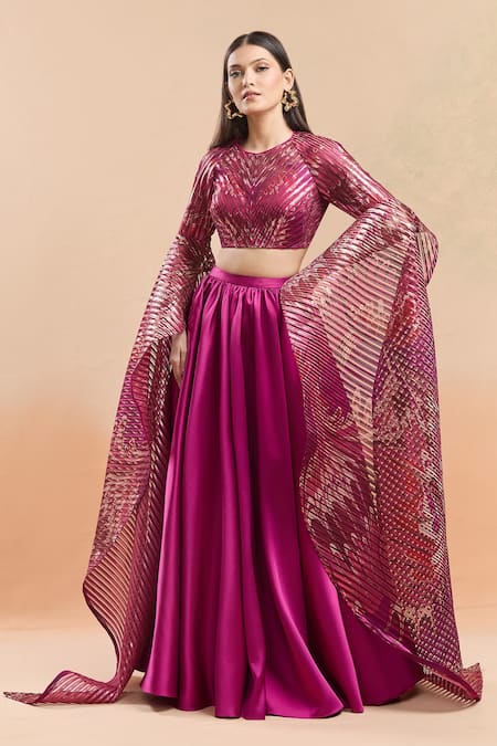 Amit Aggarwal Metallic Cascading Sleeve Blouse With Lehenga 