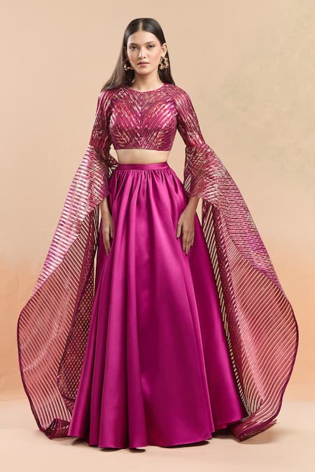 Shop_Amit Aggarwal_Pink Polyester, Silk Metallic Thread Cascading Sleeve Blouse And Solid Lehenga Set _Online_at_Aza_Fashions