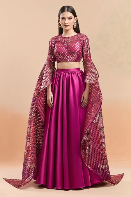 Buy_Amit Aggarwal_Pink Polyester, Silk Metallic Thread Cascading Sleeve Blouse And Solid Lehenga Set 