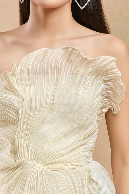 Amit Aggarwal_White Open Neck Draped Floral Structured Gown _Online_at_Aza_Fashions