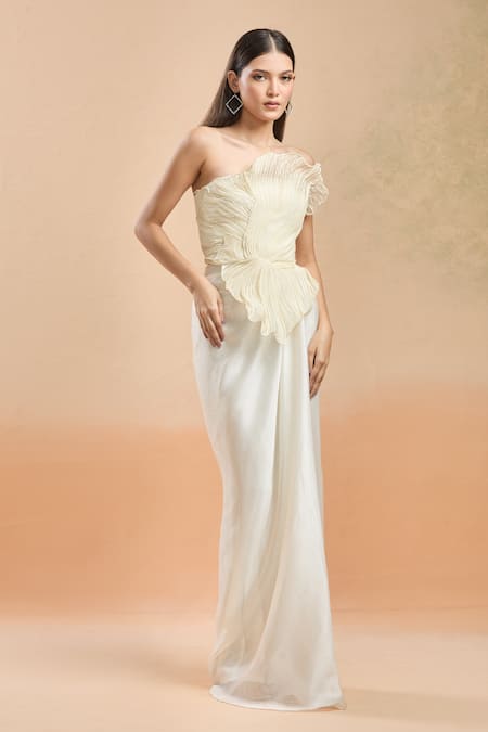 Buy_Amit Aggarwal_White Open Neck Draped Floral Structured Gown _Online_at_Aza_Fashions