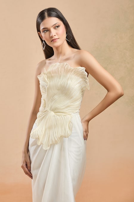 Shop_Amit Aggarwal_White Open Neck Draped Floral Structured Gown _Online_at_Aza_Fashions