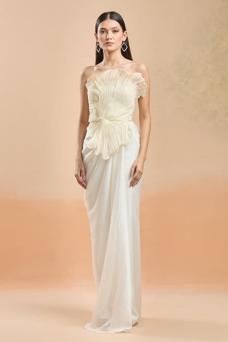 Amit Aggarwal_White Open Neck Draped Floral Structured Gown _at_Aza_Fashions