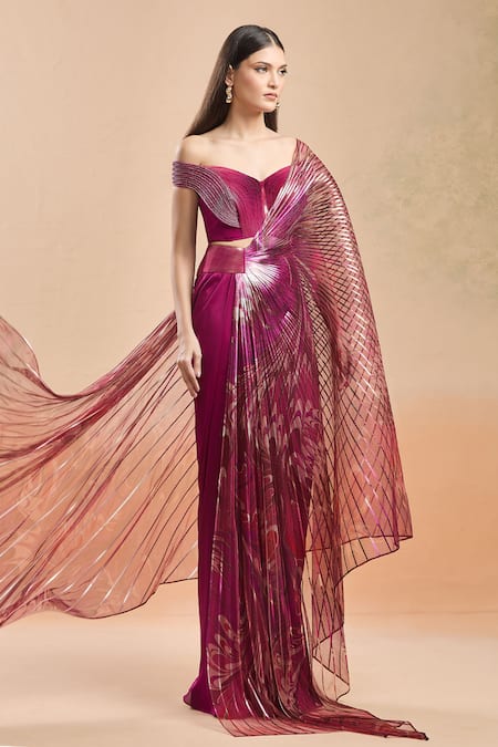 Amit Aggarwal Fuchsia Embellished Moulded Metallic Pre-draped Saree With Structured Blouse 