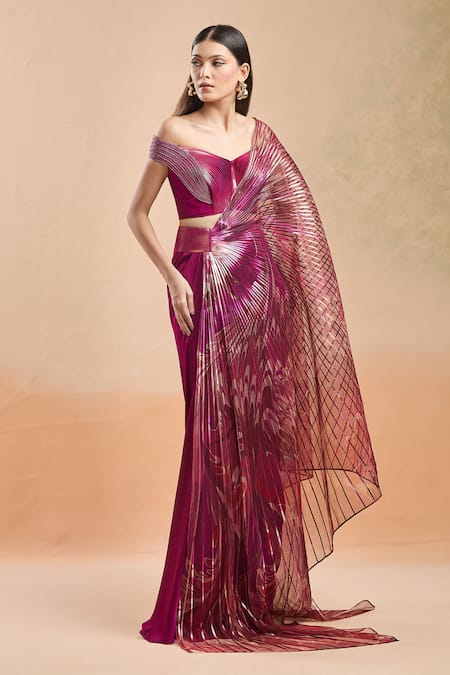 Amit Aggarwal_Fuchsia Silk, Chiffon Beads Sweetheart Neck Embellished Pre-draped Saree Set _Online_at_Aza_Fashions