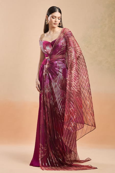 Buy_Amit Aggarwal_Fuchsia Silk, Chiffon Beads Sweetheart Neck Embellished Pre-draped Saree Set _Online_at_Aza_Fashions