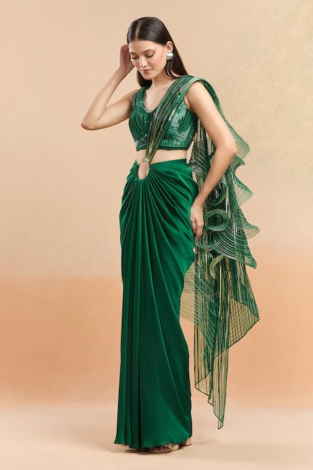 Amit Aggarwal Emerald Green Embellished Cutdana Metallic Ruffled Pre-draped Saree With Blouse 