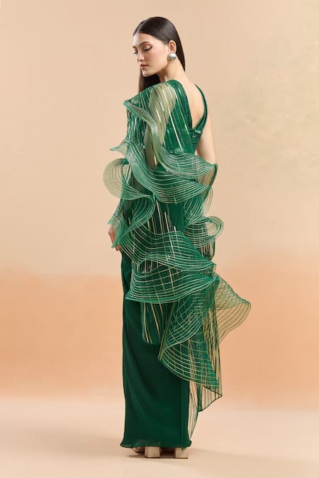 Amit Aggarwal Emerald Green Cutdana Embellished Pre-Draped Saree 
