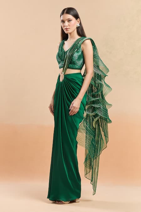 Shop Amit Aggarwal Emerald Green Silk Cut Work V-neck Cutdana Embellished Pre-draped Saree Online at Aza Fashions Shop_Amit Aggarwal_Emerald Green Silk Cut Work V-neck Cutdana Embellished Pre-draped Saree _Online_at_Aza_Fashions