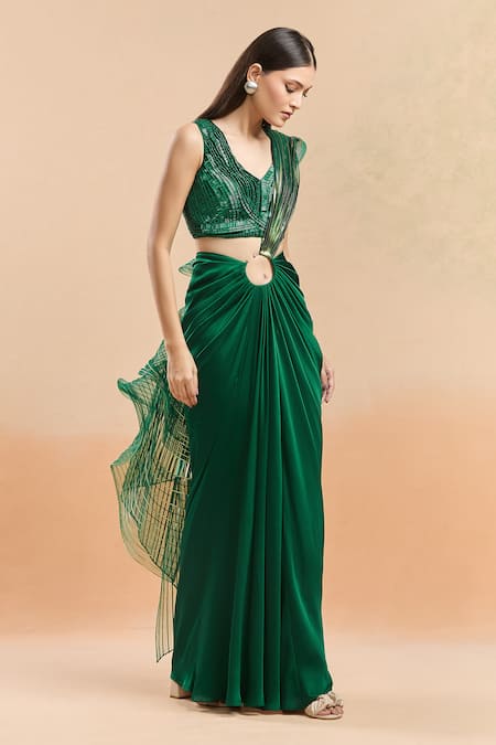 Amit Aggarwal Emerald Green Silk Cut Work V-neck Cutdana Embellished Pre-draped Saree at Aza Fashions Amit Aggarwal_Emerald Green Silk Cut Work V-neck Cutdana Embellished Pre-draped Saree _at_Aza_Fashions