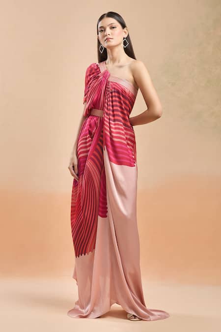 Amit Aggarwal_Pink One Shoulder Printed Draped Maxi Dress _Online_at_Aza_Fashions