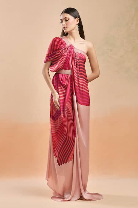 Buy_Amit Aggarwal_Pink One Shoulder Printed Draped Maxi Dress _Online_at_Aza_Fashions