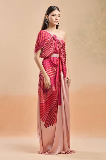 Shop_Amit Aggarwal_Pink One Shoulder Printed Draped Maxi Dress _Online_at_Aza_Fashions
