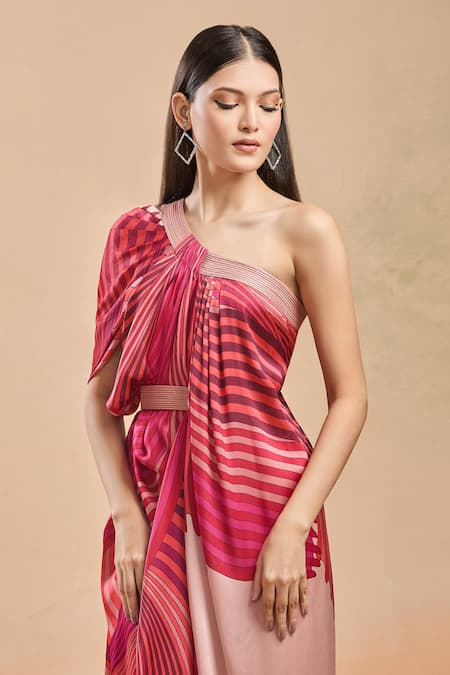 Amit Aggarwal_Pink One Shoulder Printed Draped Maxi Dress _at_Aza_Fashions