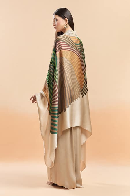 Shop Amit Aggarwal Beige Striped Cape And Palazzo Set at Aza Fashions Shop_Amit Aggarwal_Beige Striped Cape And Palazzo Set _at_Aza_Fashions