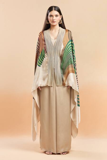 Amit Aggarwal Beige Striped Cape And Palazzo Set Online at Aza Fashions Amit Aggarwal_Beige Striped Cape And Palazzo Set _Online_at_Aza_Fashions