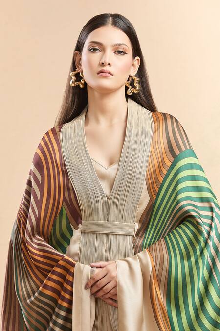 Amit Aggarwal Beige Striped Cape And Palazzo Set at Aza Fashions Amit Aggarwal_Beige Striped Cape And Palazzo Set _at_Aza_Fashions
