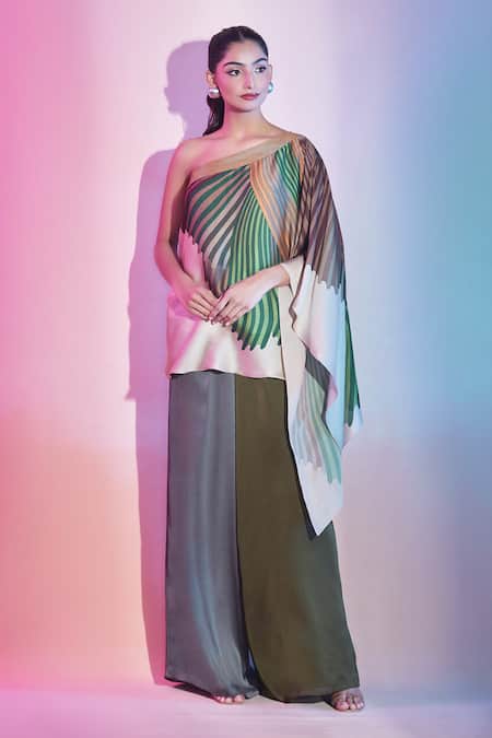 Amit Aggarwal Green One Shoulder Stripe Print Top 