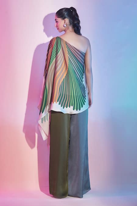 Shop Amit Aggarwal Green One Shoulder Stripe Print Top at Aza Fashions Shop_Amit Aggarwal_Green One Shoulder Stripe Print Top _at_Aza_Fashions