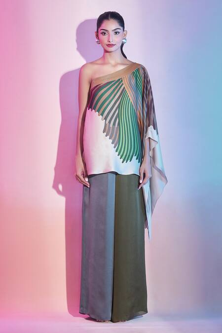 Amit Aggarwal Green One Shoulder Stripe Print Top Online at Aza Fashions Amit Aggarwal_Green One Shoulder Stripe Print Top _Online_at_Aza_Fashions