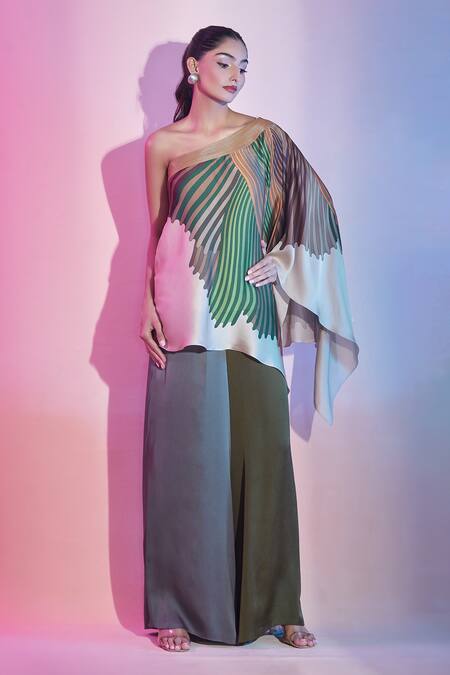 Shop Amit Aggarwal Green One Shoulder Stripe Print Top Online at Aza Fashions Shop_Amit Aggarwal_Green One Shoulder Stripe Print Top _Online_at_Aza_Fashions