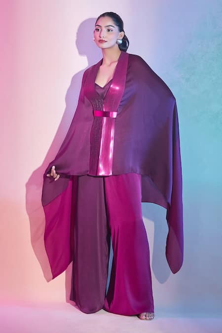 Shop_Amit Aggarwal_Fuchsia Polyester Color Block Cape And Pant Set _Online_at_Aza_Fashions