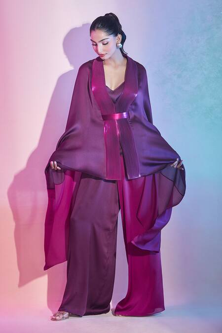 Amit Aggarwal_Fuchsia Polyester Color Block Cape And Pant Set _at_Aza_Fashions