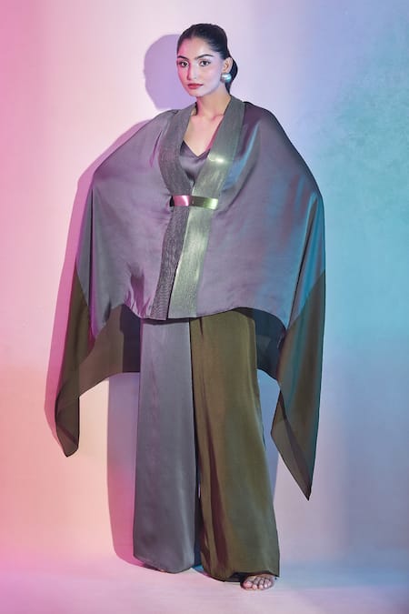 Shop_Amit Aggarwal_Multi Color Silk Block Cape And Pant Set _Online_at_Aza_Fashions
