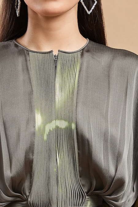 Amit Aggarwal_Green Embellished Polymer Round Color Block Pleated Kaftan _Online_at_Aza_Fashions