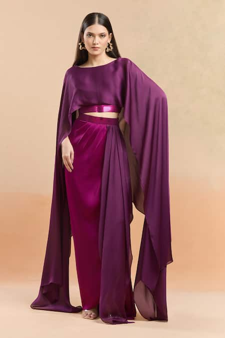 Amit Aggarwal Cape Top & Color Block Draped Skirt Ste 